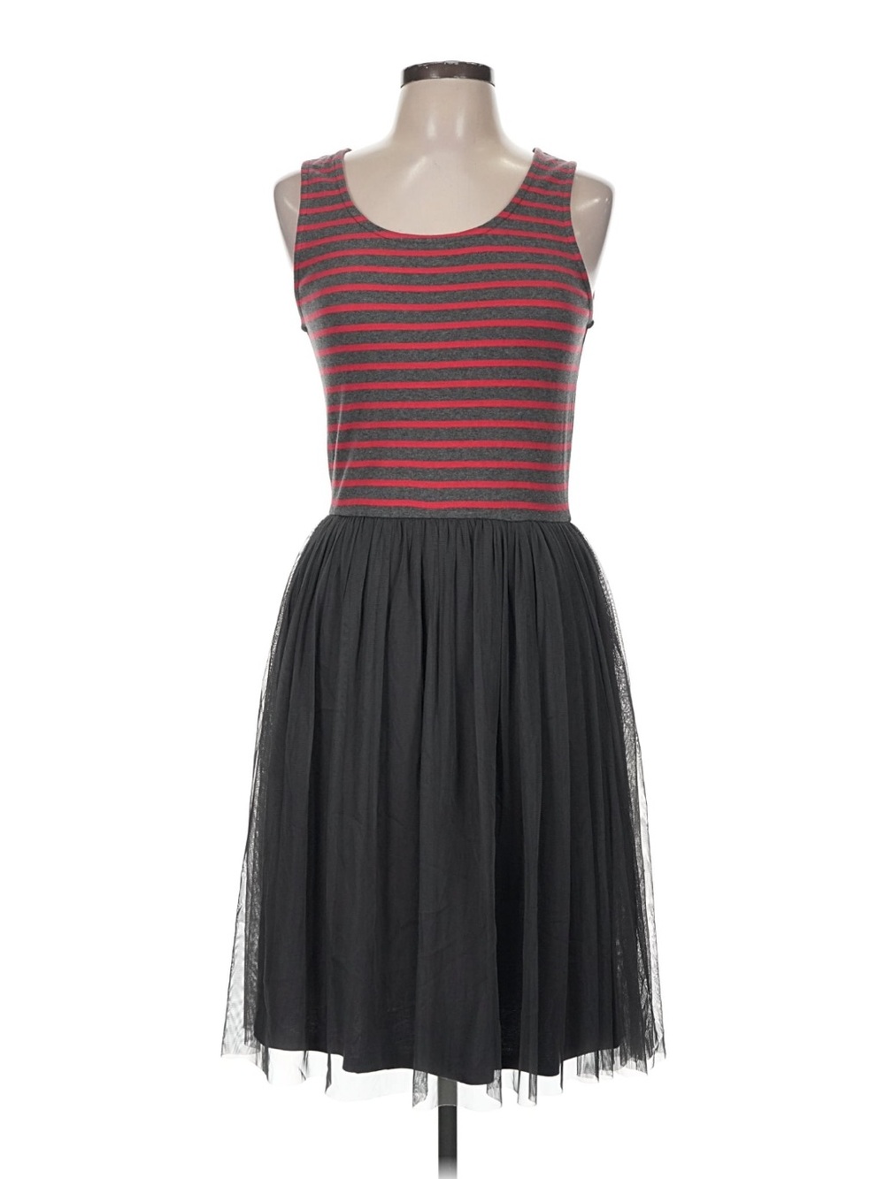 Matilda Jane Sleeveless Red & Gray Striped Bodice Black Tulle Skirt Dress
